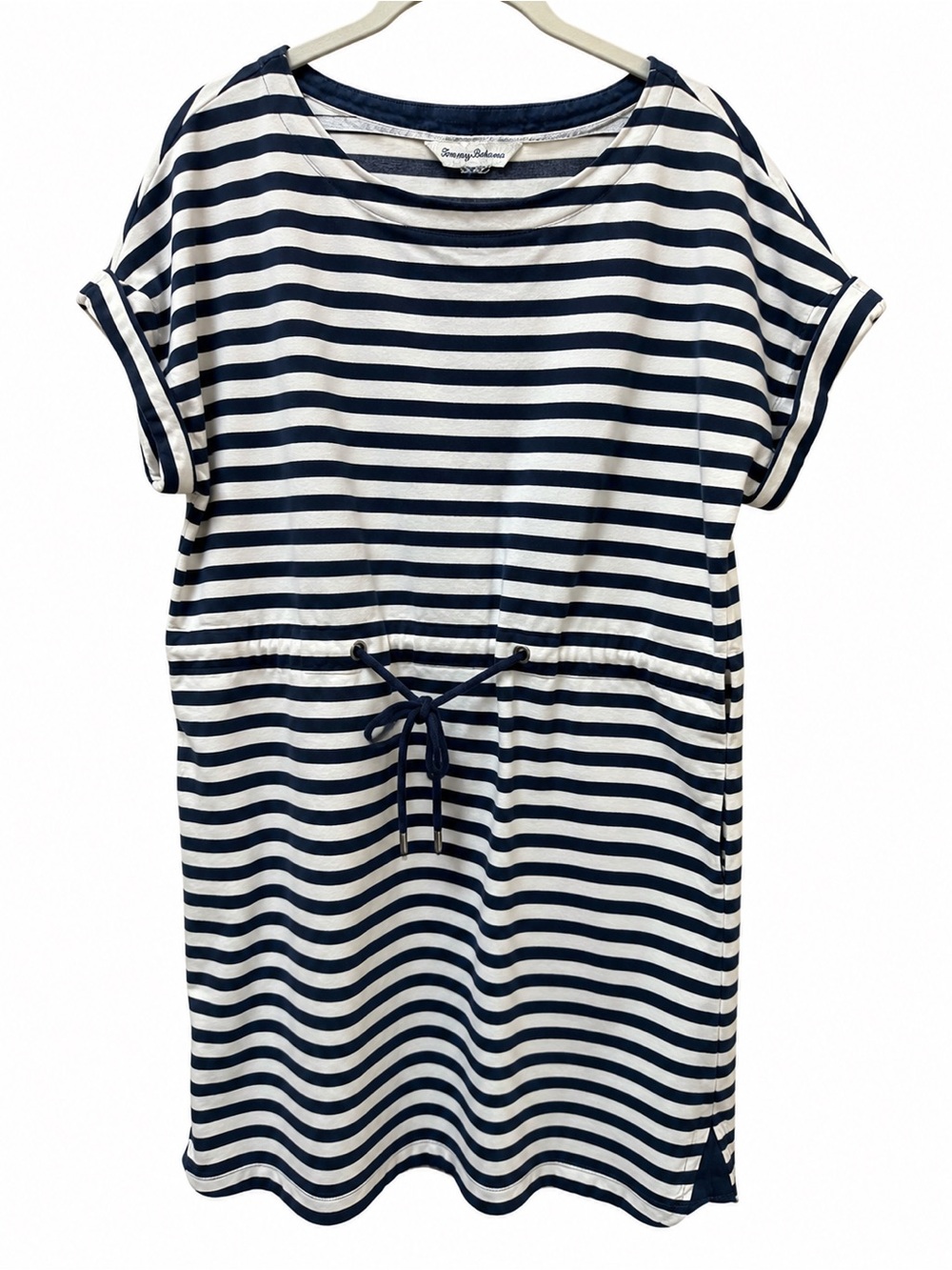 Tommy Bahama Navy White Striped Drawstring Tunic Dress Cotton Stretch Women's